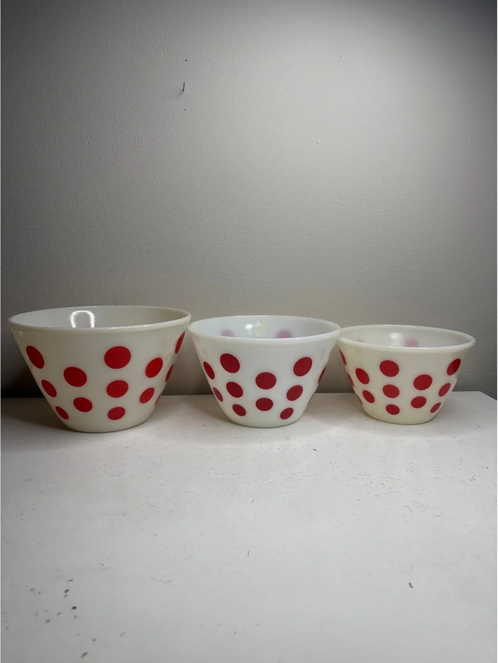 Vintage Fire King Red Polk Dot Milk Glass Oven Ware Mixing Bowl Set of 3